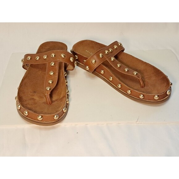 Kelsi Dagger Shoes - KELSI DAGGER Brooklyn Surface Studded Flat Sandal Leather Brown Gold Size 7.5